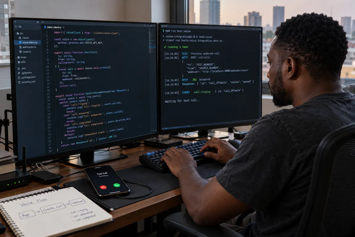 An engineer at a terminal while a test phone rings on the desk.